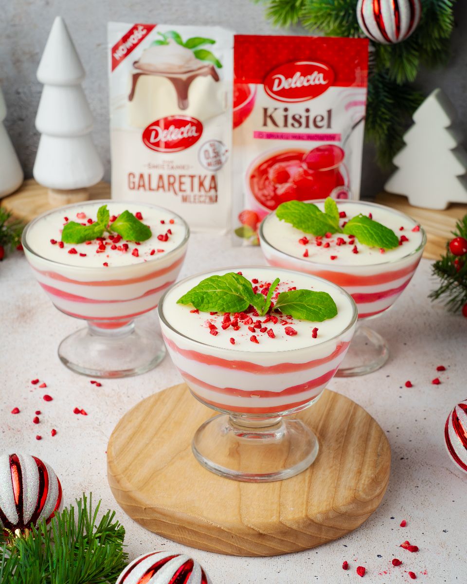 Biało–czerwony deser z galaretką mleczną i kisielem malinowym